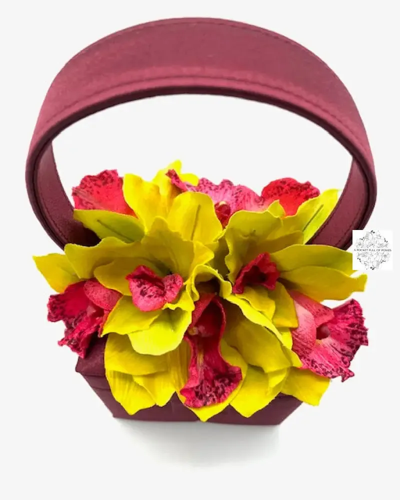 Wine Silk Square Box Bag with chartreuse yellow flowers
