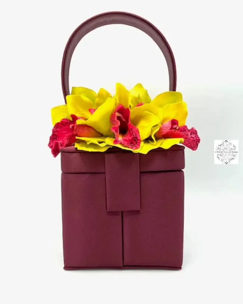 Wine Silk Square Box Bag with chartreuse yellow flowers