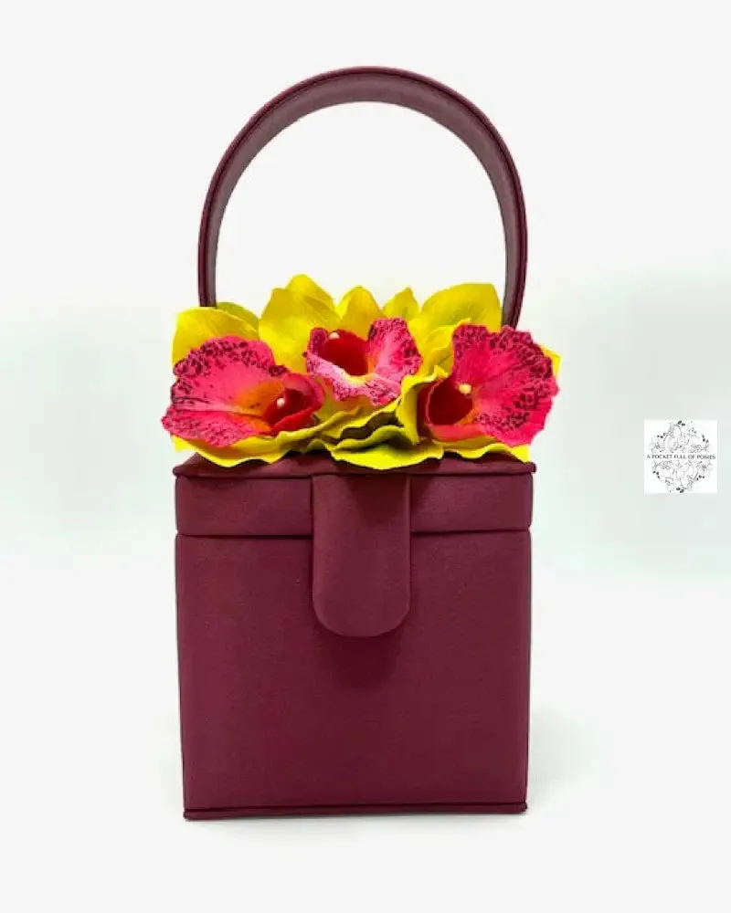 Wine Silk Square Box Bag with chartreuse yellow flowers