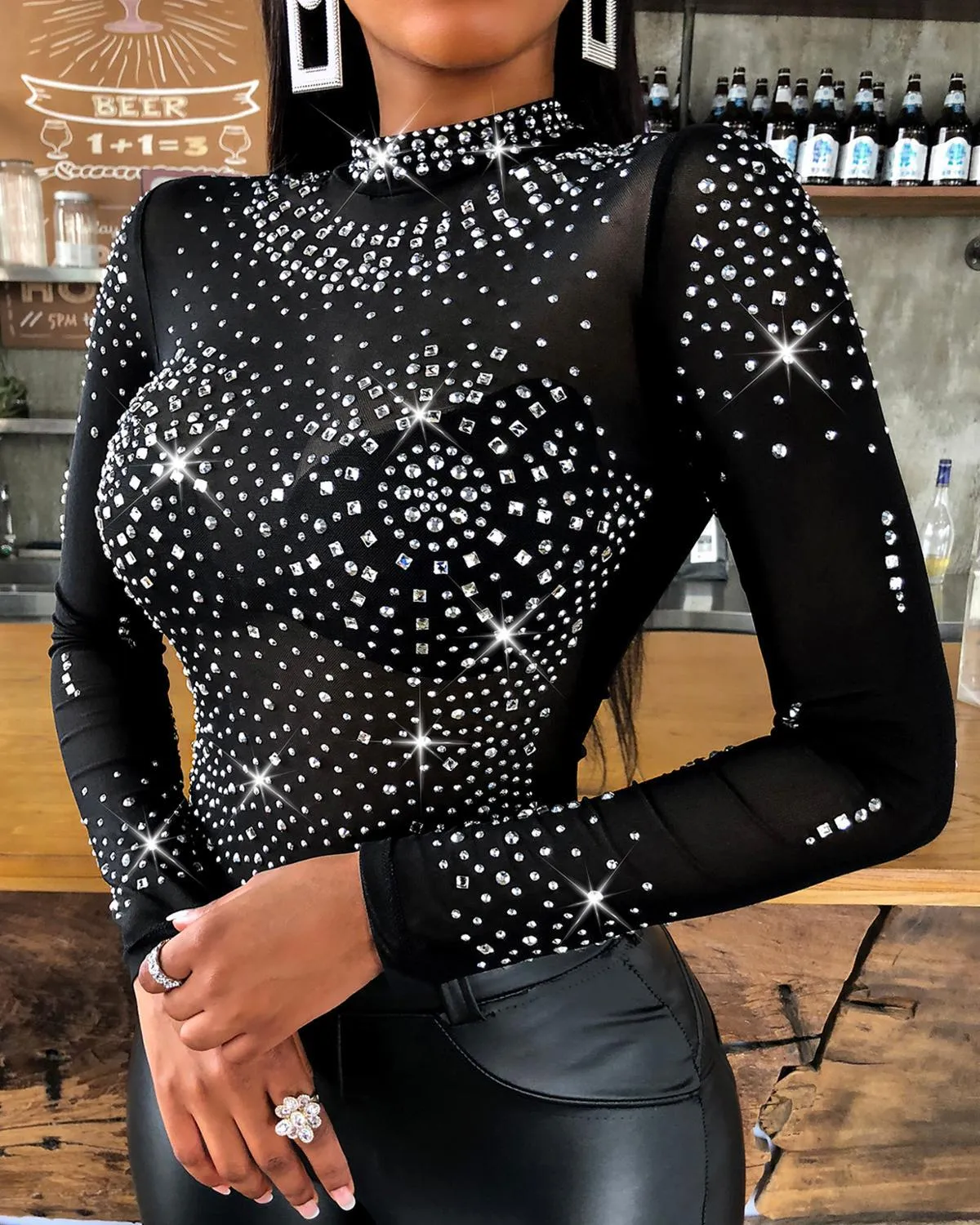 Women Shiny Rhinestone Studded Long Sleeve Mesh Bodysuit