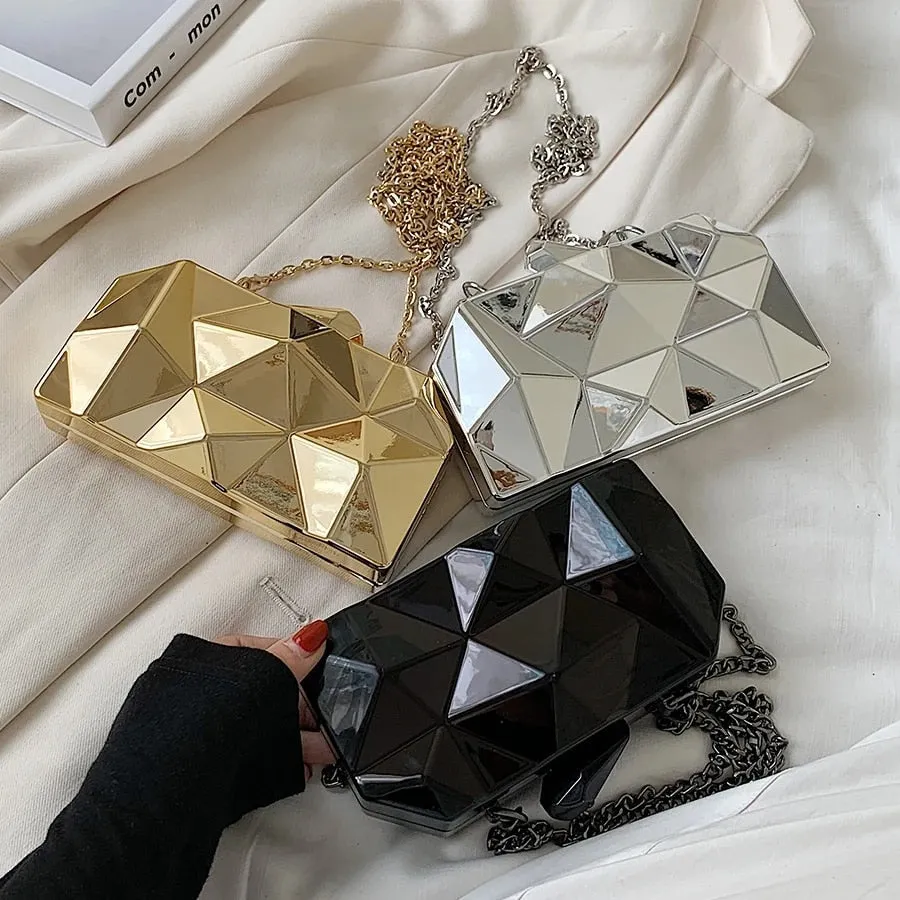 Yvette Metallic Triangle Cuboid Box Clutch Bags - 3 Colors